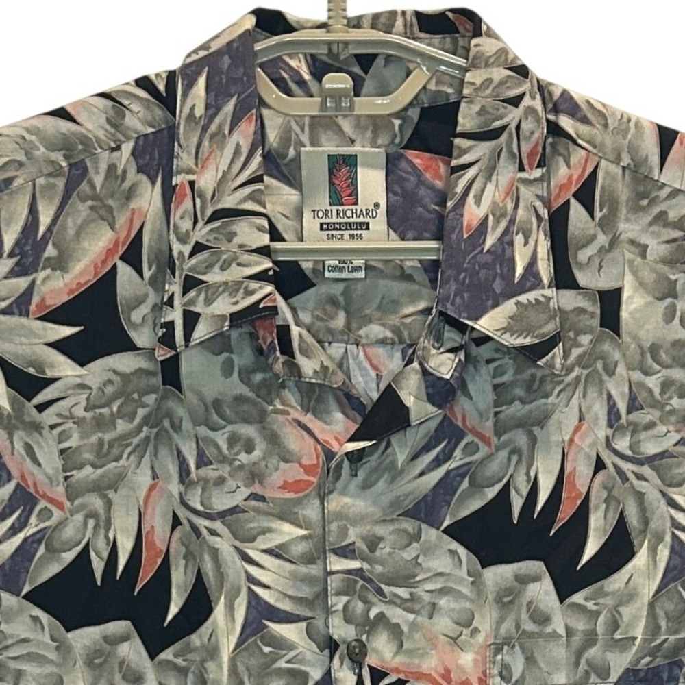 Tori Richard Shirt Large Mens Navy Blue Cotton Lawn Tropical Leaf Button Down